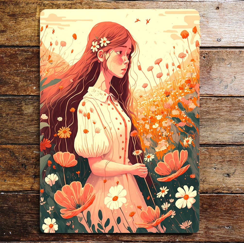 Girl Red Hair Flower Fields Sunny Day | Metal Sign Plaque