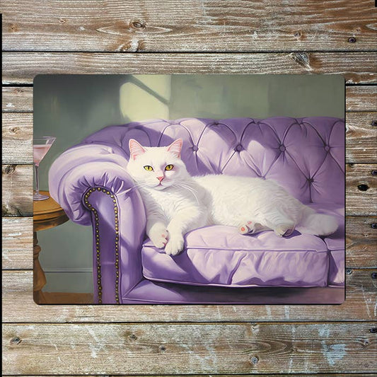 White Cat Relaxing On Sofa Cocktail | Metal Sign Plaque