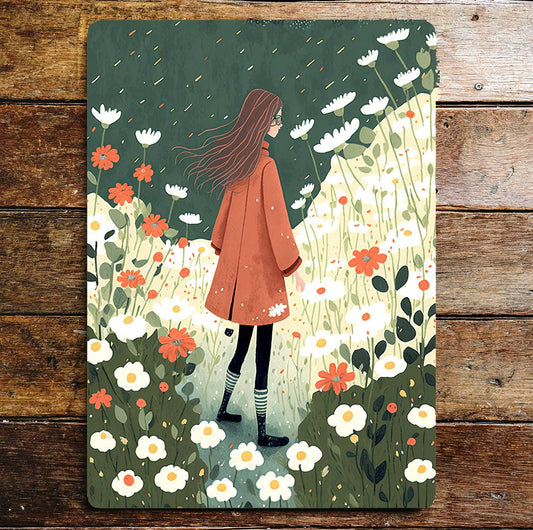 Girl Red Hair Flower Field Rain Green | Metal Sign Plaque