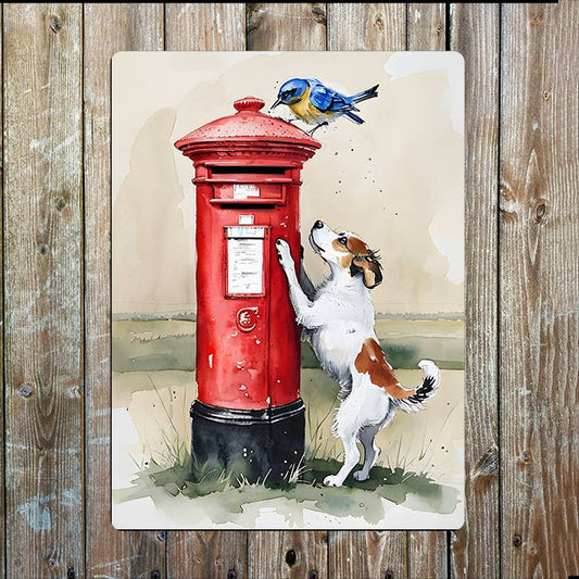 Postbox And Dog Watercolour Spring Metal Sign Plaque