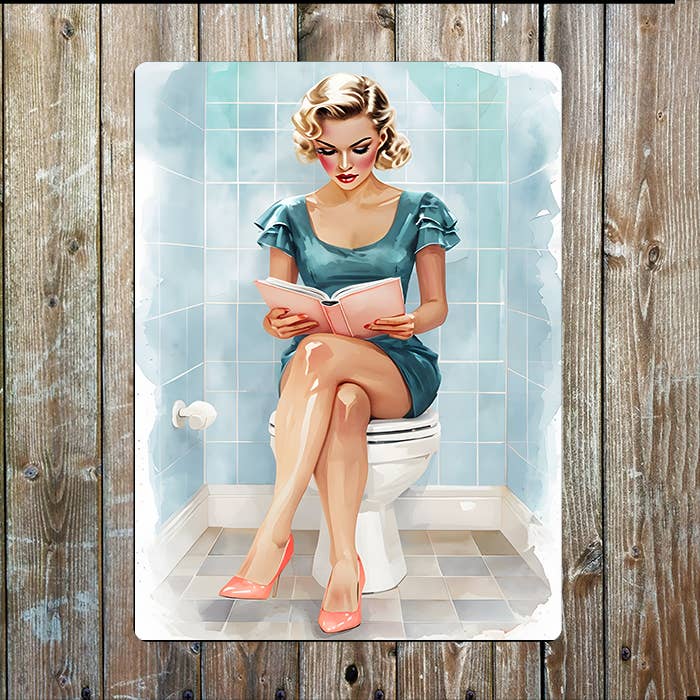 Watercolour Women on Toilet Reding Retro | Metal Sign Plaque
