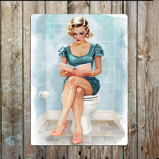 Watercolour Women on Toilet Reding Retro | Metal Sign Plaque