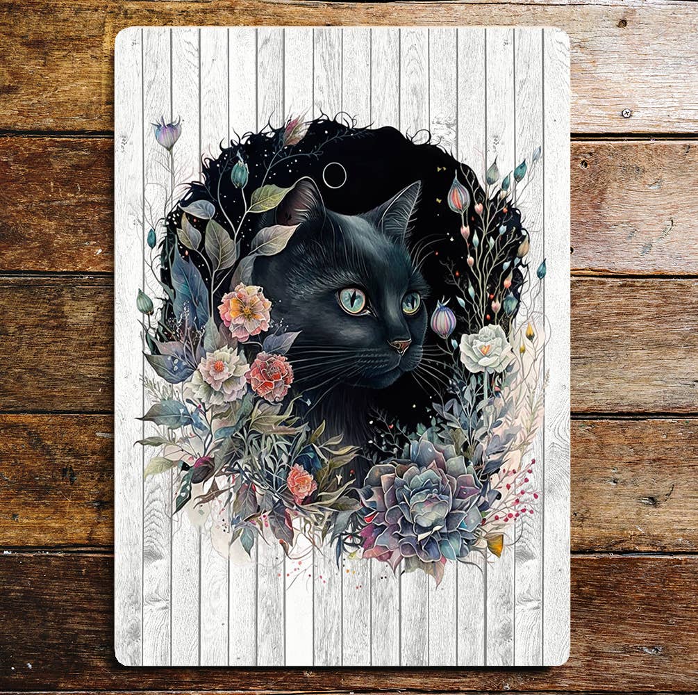 Black Cat Enchanted Flowers | Metal Sign Plaque