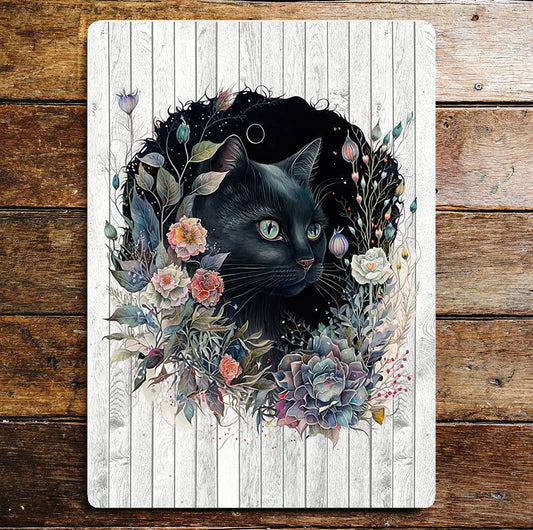 Black Cat Enchanted Flowers | Metal Sign Plaque