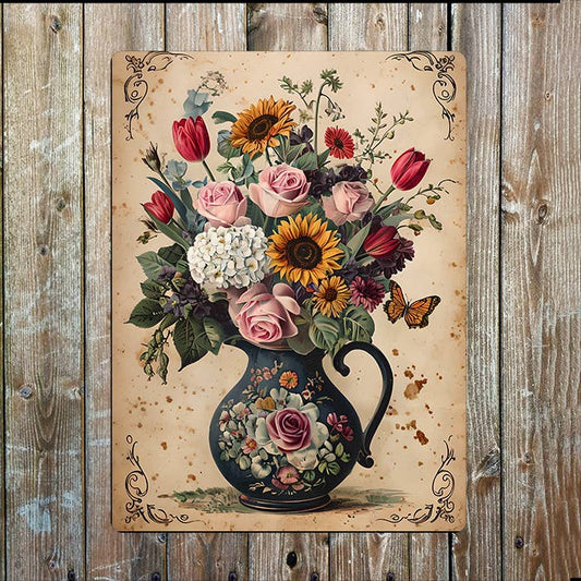 Vintage Floral Arrangement Ceramic Pitch | Metal Sign Plaque
