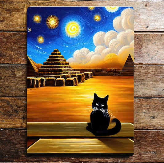 Cat Egypt pyramids desert stars | Metal Sign Plaque