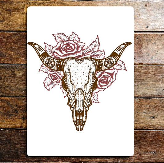 Skull Bull Horns Roses Metal Wall Sign
