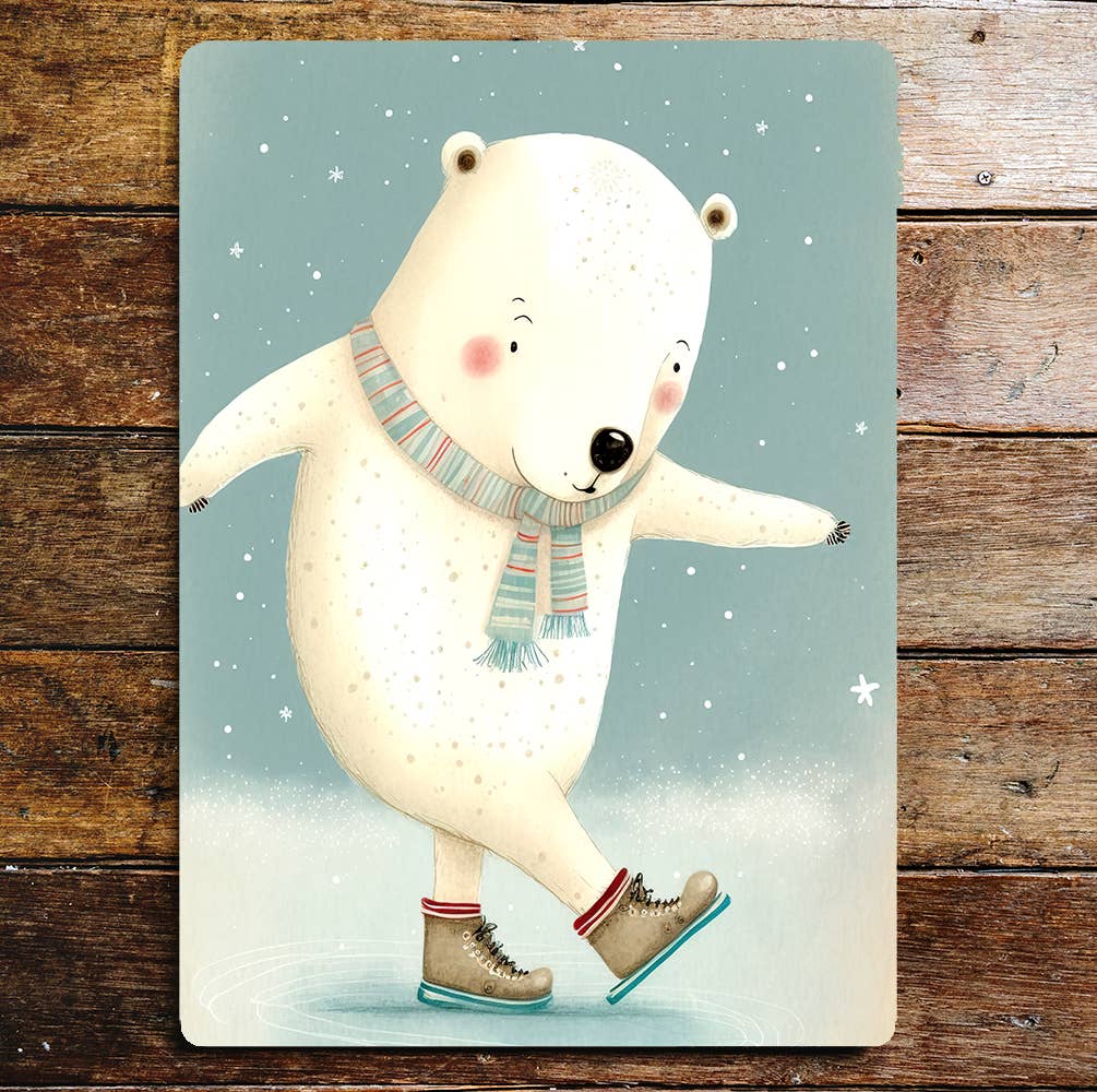 Polar Bear Ice blue Skating Stripy Scarf Metal Sign Plaque