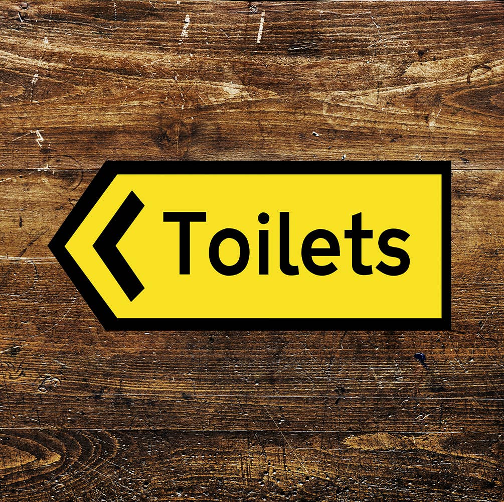 Toilets Directions Notice Yellow | Metal Sign