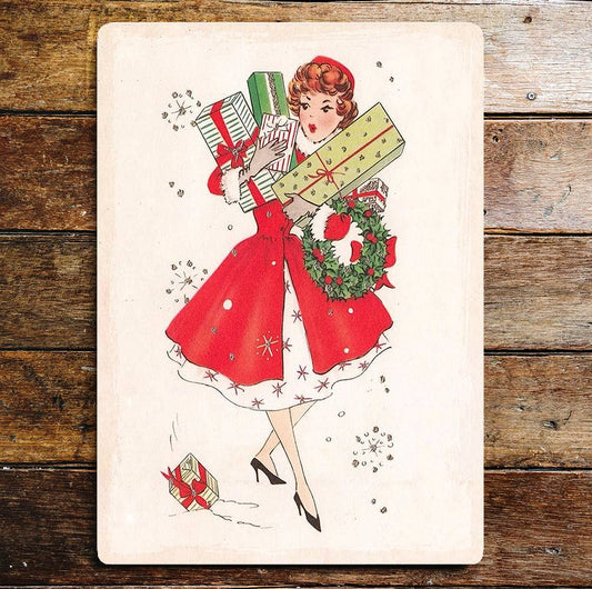 Vintage Lady Christmas Presents Wreath | Metal Sign Plaque