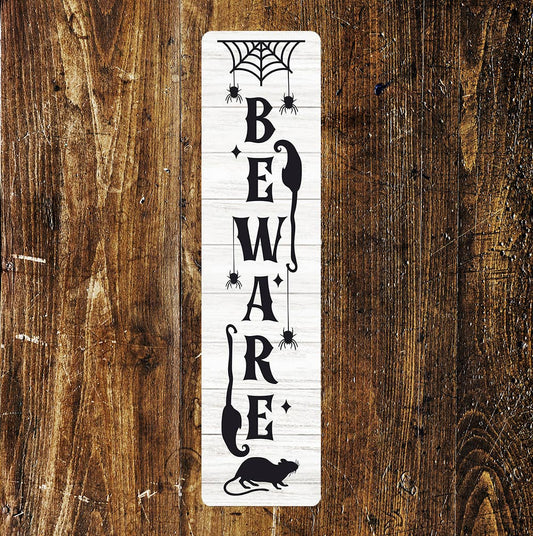 beware Halloween broom rat - Metal Long Sign Plaque