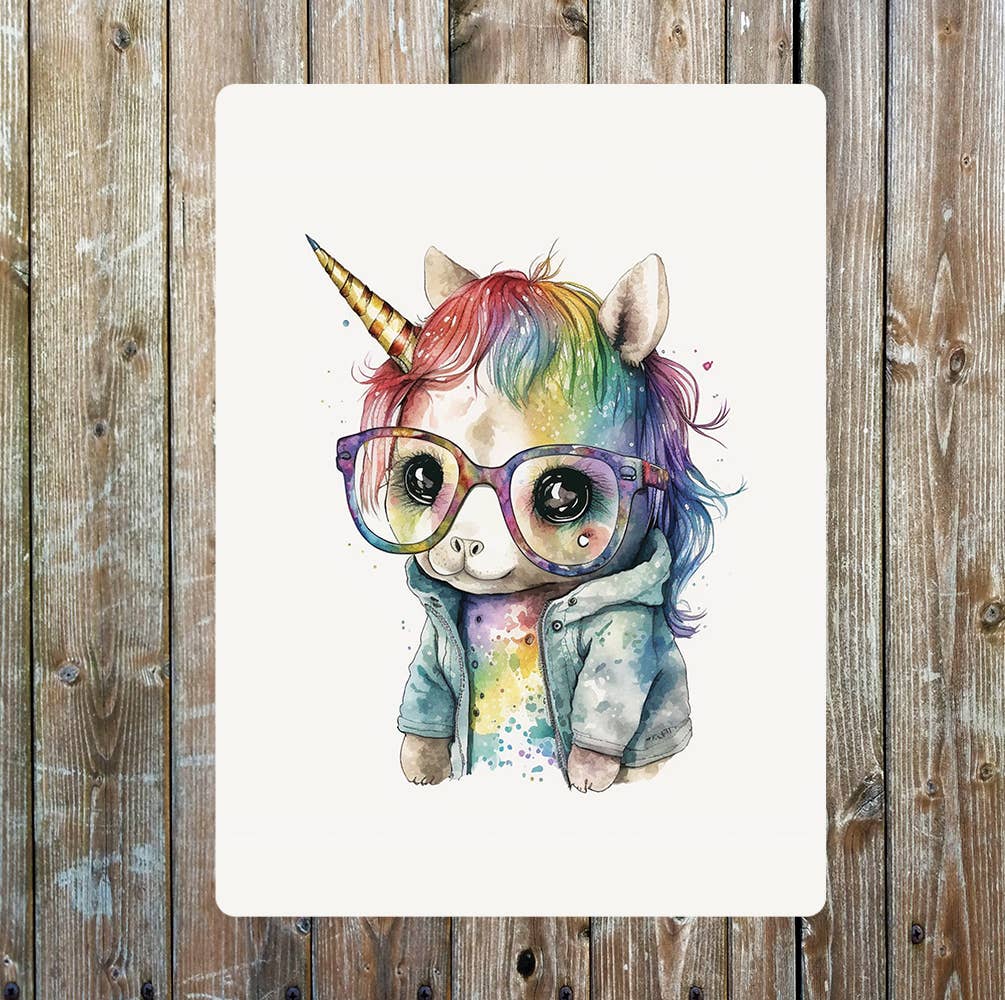 Unicorn in Glasses Drawing Cute | Metal Wall Sign Plaque