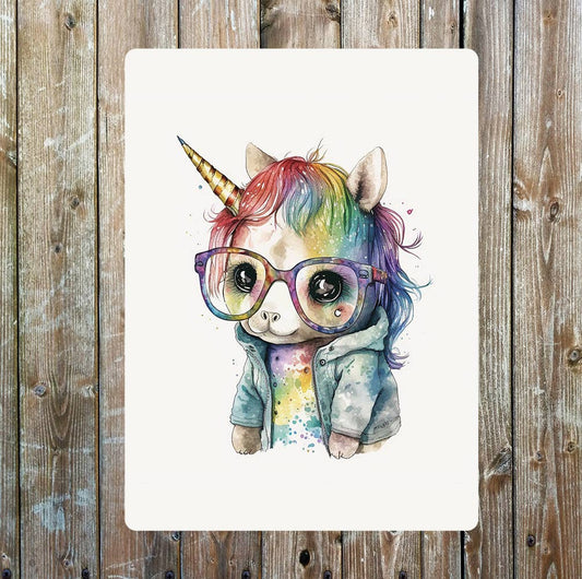 Unicorn in Glasses Drawing Cute | Metal Wall Sign Plaque