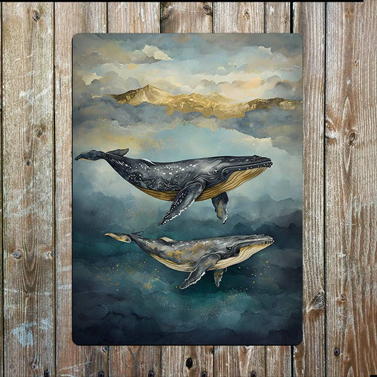 Whales Swimming Ocean Sea Nautical | Metal Sign Plaque