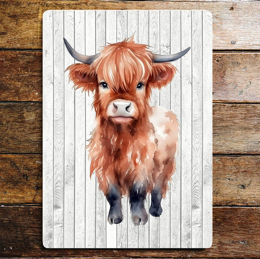 Baby Calf Highland Cow Flowers Art | Metal Sign Plaque