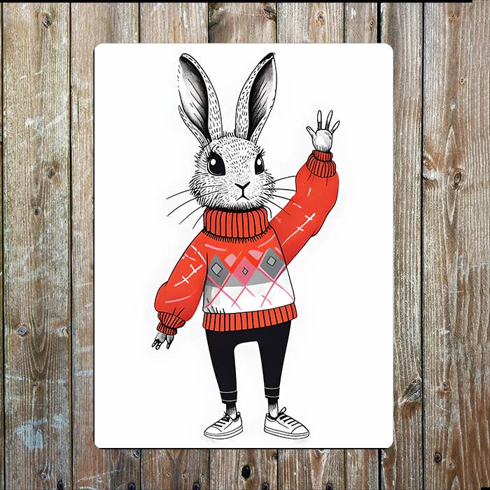rabbit In Cozy Sweater Nautical Metal Sign Plaque