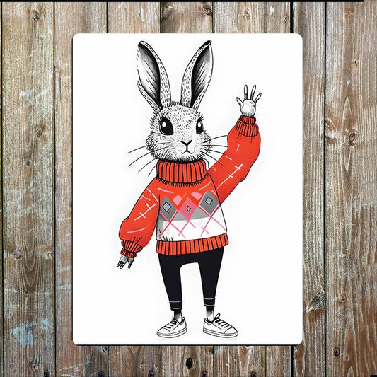 rabbit In Cozy Sweater Nautical Metal Sign Plaque