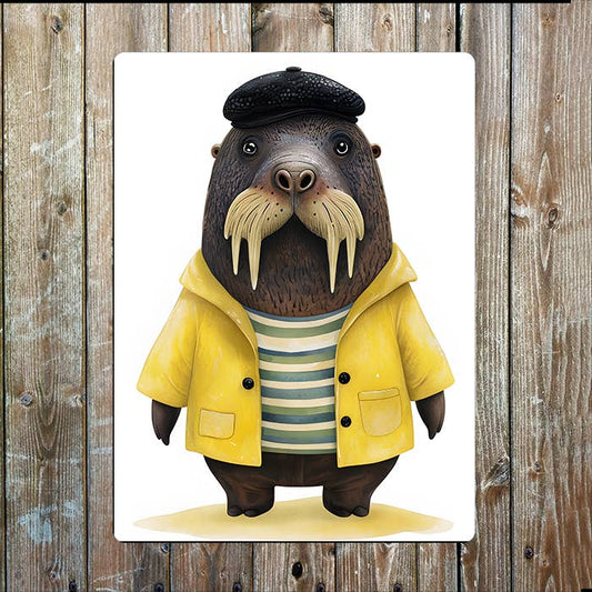 Whimsical Walrus In Yellow Raincoat | Metal Sign Plaque