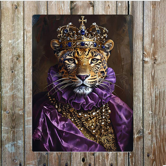 Leopard Portrait With Golden Crown | Metal Sign Plaque
