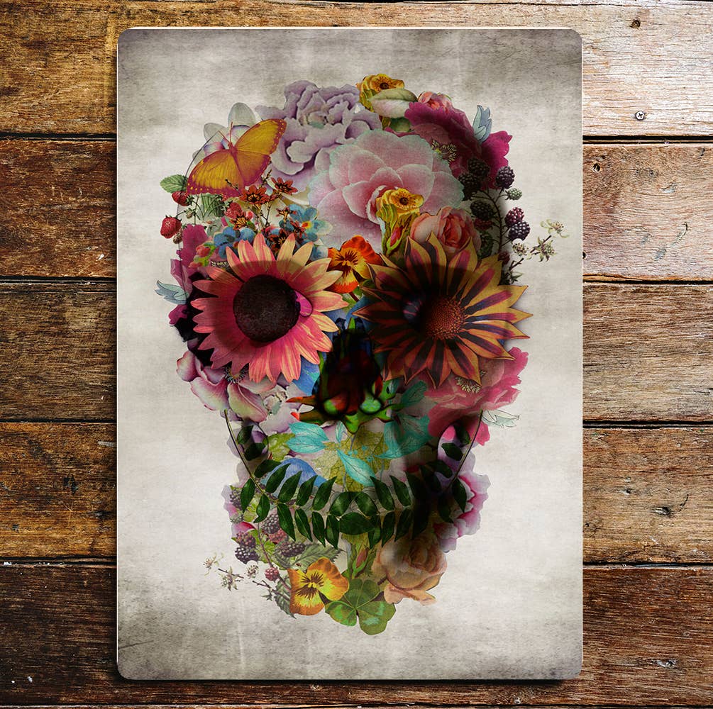 Skull Flowers Leaves Garden Metal Wall Sign