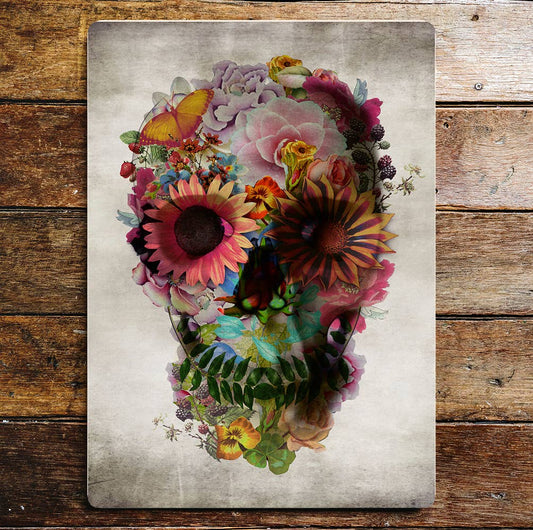 Skull Flowers Leaves Garden Metal Wall Sign