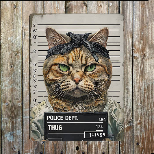 Mugshot Illustration Of An American Cat | Metal Sign Plaque