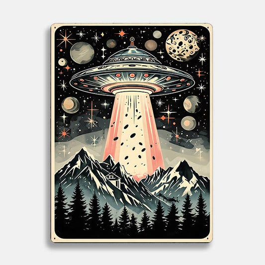 Vintage UFO Mountainous Landscape Alien | Metal Sign Plaque