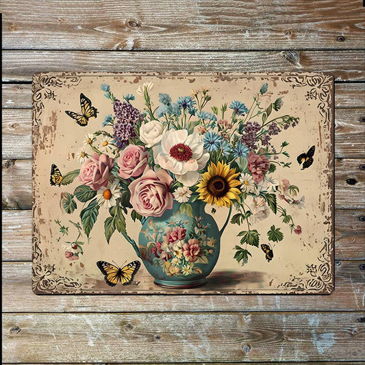 Vintage Floral Teal Jug with Butterflies | Metal Sign Plaque