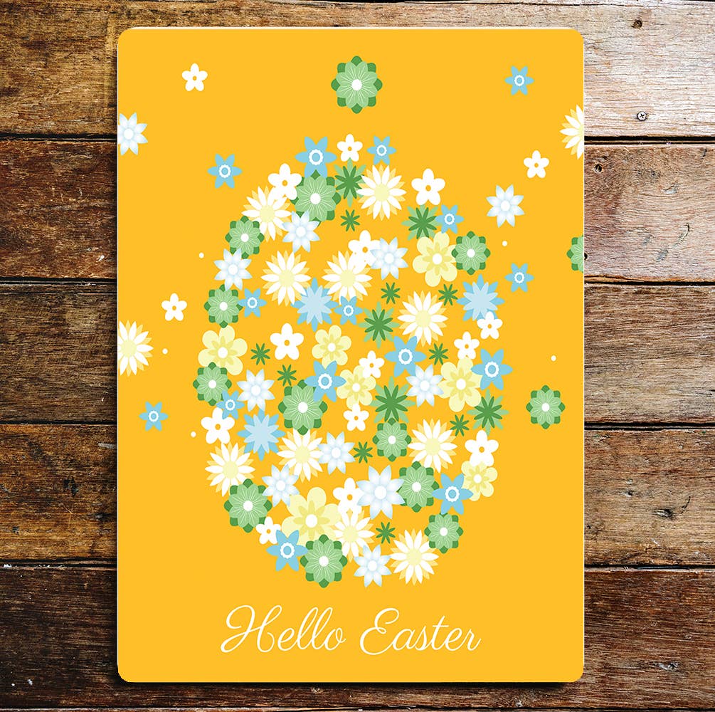 Egg Shaped With Flowers, Hello Easter | Metal Sign Plaque