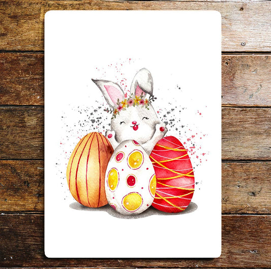 Cute Rabbit Patterned Eggs Flowers Spots | Metal Sign Plaque