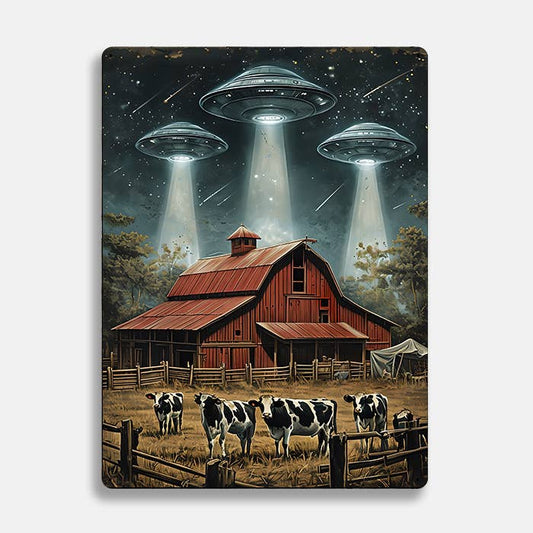 Barn Farm Cows UFO Alien | Metal Sign Plaque