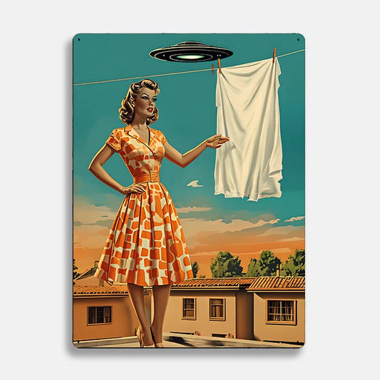 Retro Woman Laundry UFO Alien Metal Sign Plaque