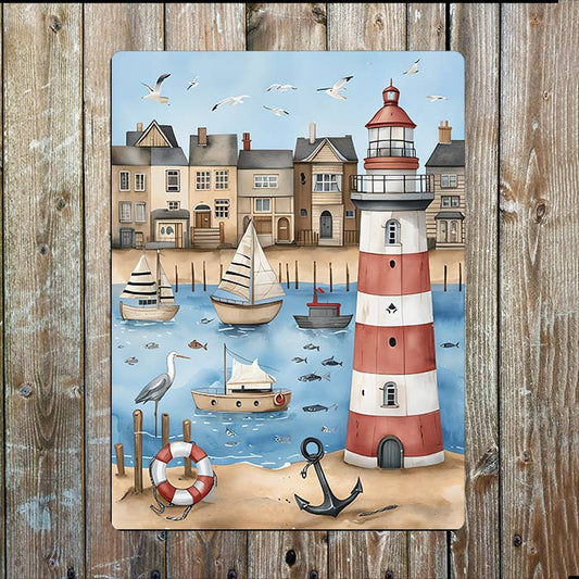 Fishing Harbor Lighthouse Sea Nautical | Metal Sign Plaque