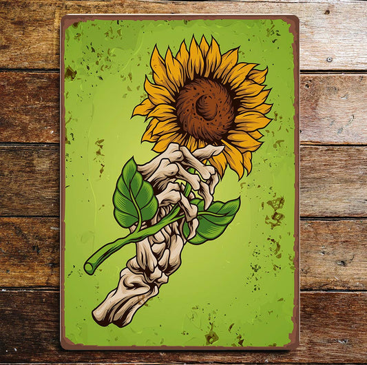Skeleton Hands Sun Flower Green Yellow Metal Sign Plaque