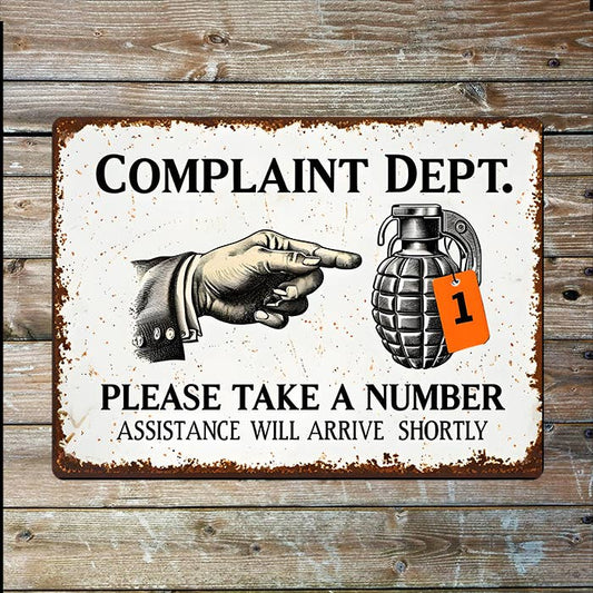 Vintage Complaint Department, Grenade | Metal Sign Plaque