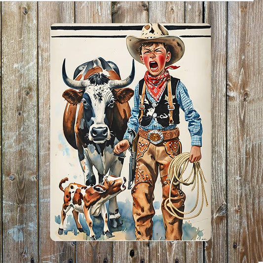 Child Boy Cow Calf Cowboy Western | Metal Sign Plaque