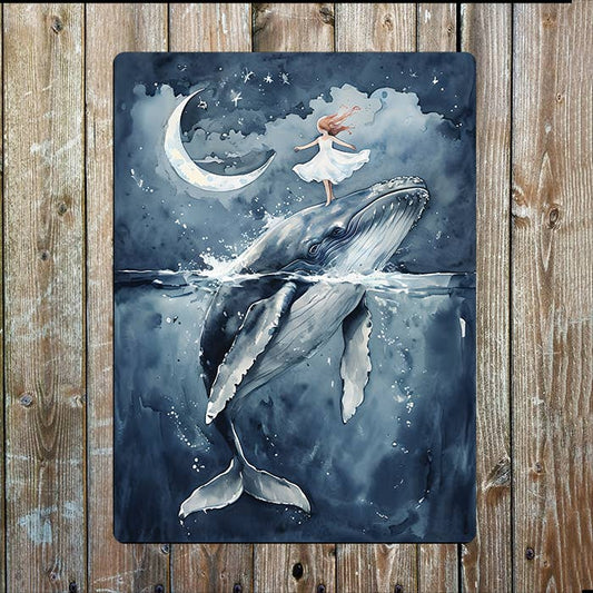 Whale and Dancing Girl Moon Sea Nautical | Metal Sign Plaque