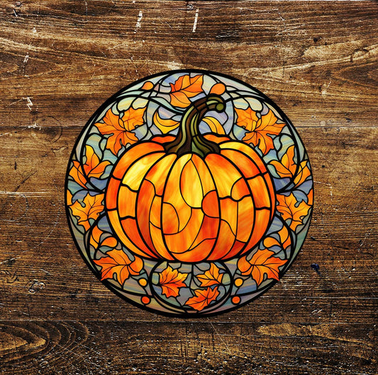 Pumpkin Stained Glass Affect Halloween Circle Metal Sign