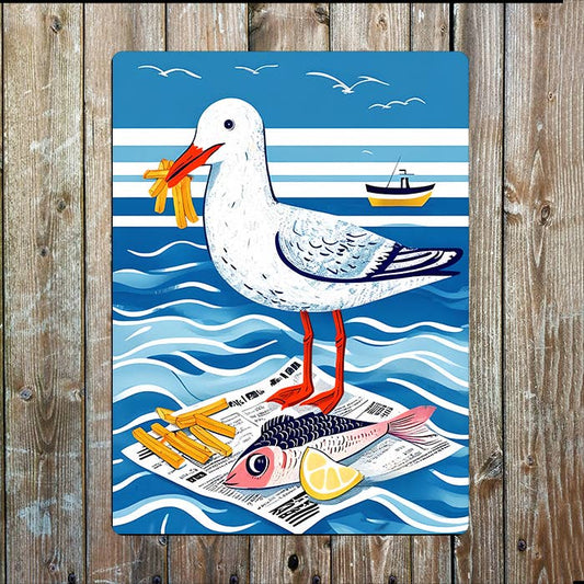 Seagull With Fish and chips Sea Nautical Metal Sign Plaque