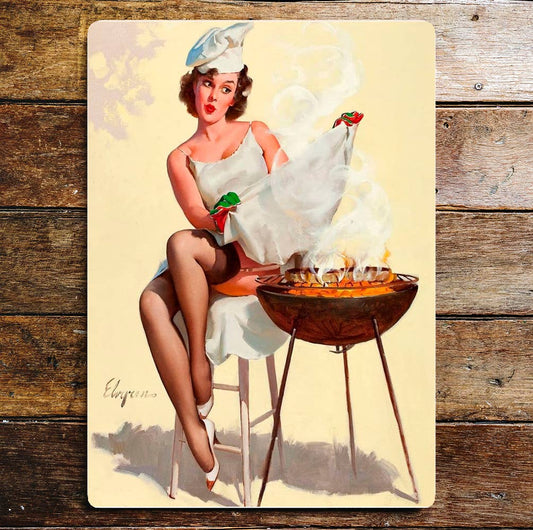 Pin Up Girl BBQ apron Metal Sign