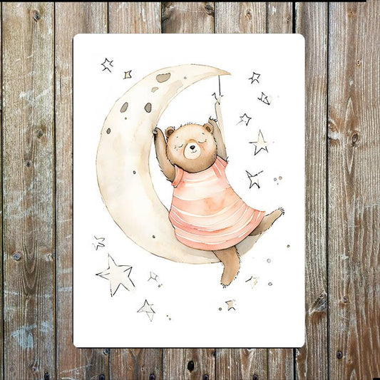 Watercolour Bear Hanging Crescent Moon | Metal Sign Plaque