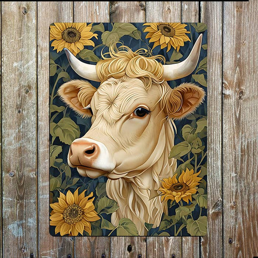 Illustration Of A Cow Surrounded Sunflower Metal Sign Plaque