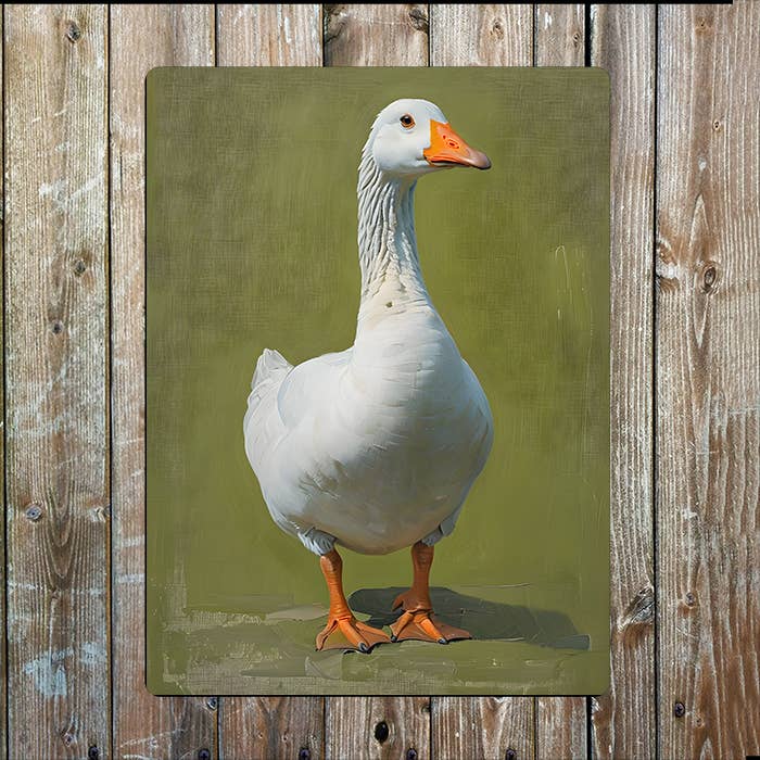 White Goose Geen Background Painting | Metal Sign Plaque