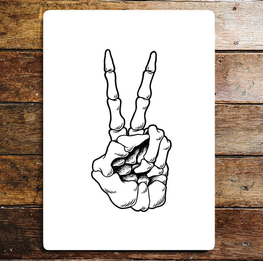 Skeleton Fingers Peace Sign Metal Wall Sign