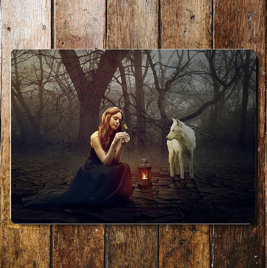 Mystical Lady Woods Wolf | Metal Sign Plaque