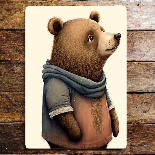 Cute Bear Portrait Spotty Scarf Jumper | Metal Sign Plaque