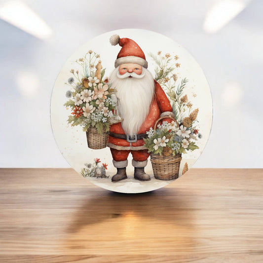 Festive Flowers Father Christmas Circle Metal Sign