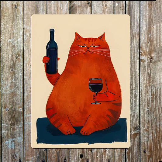 Whimsical Fat Cat Enjoying Wine | Metal Sign Plaque