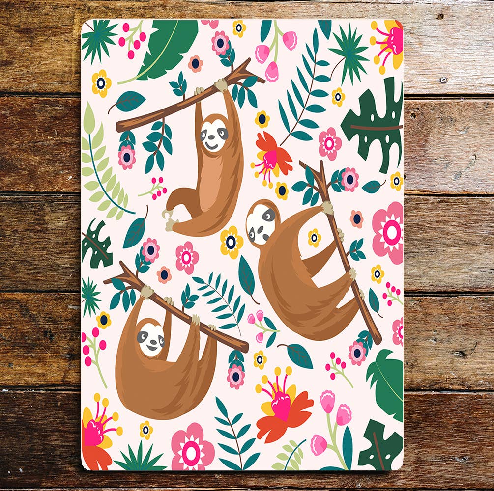 Sloth hanging leaves pattern flowers Metal Sign Plaque
