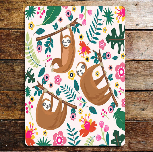 Sloth hanging leaves pattern flowers Metal Sign Plaque